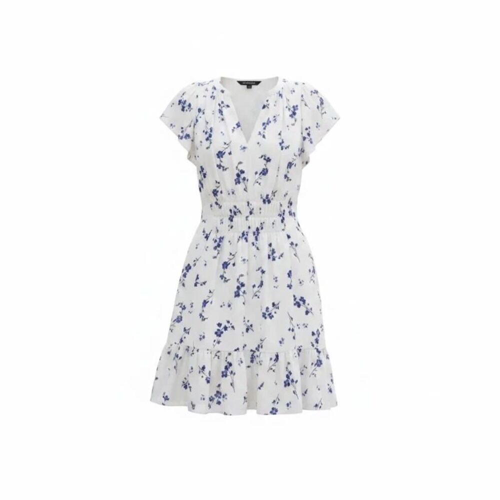 Rebecca Taylor silk floral cottagecore midi dress white & blue size 6